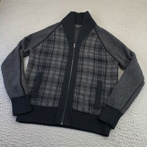 Banana Republic Knit Sweater Mens Large Full Zip Shawl Collar Black Plaid Casual